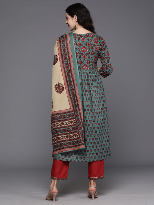 Indo Era Teal Printed A-Line Kurta Trousers With Dupatta Set