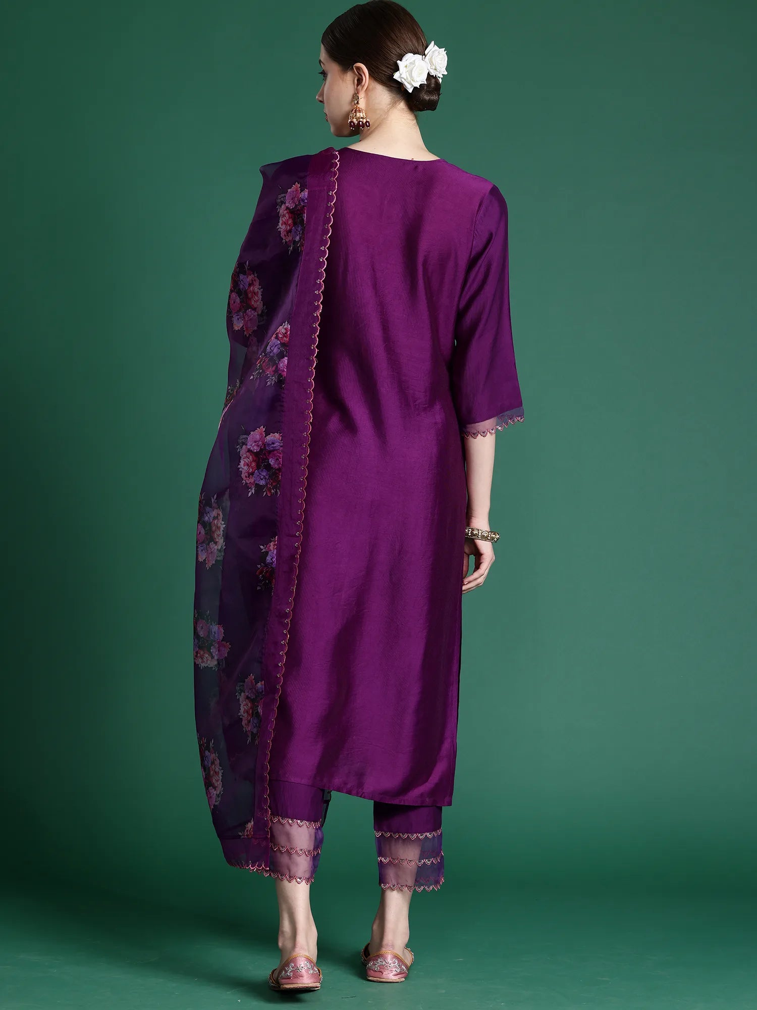 Purple Embroidered Straight Kurta Trousers set