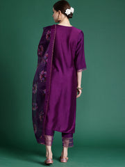 Purple Embroidered Straight Kurta Trousers set