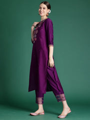 Purple Embroidered Straight Kurta Trousers set