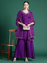 Purple Embroidered Straight Kurta Sharara With Dupatta set