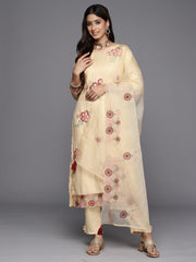 Indo Era Beige Embroidered Straight Kurta Trousers With Dupatta Set