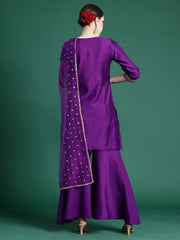 Purple Embroidered Straight Kurta Sharara With Dupatta set