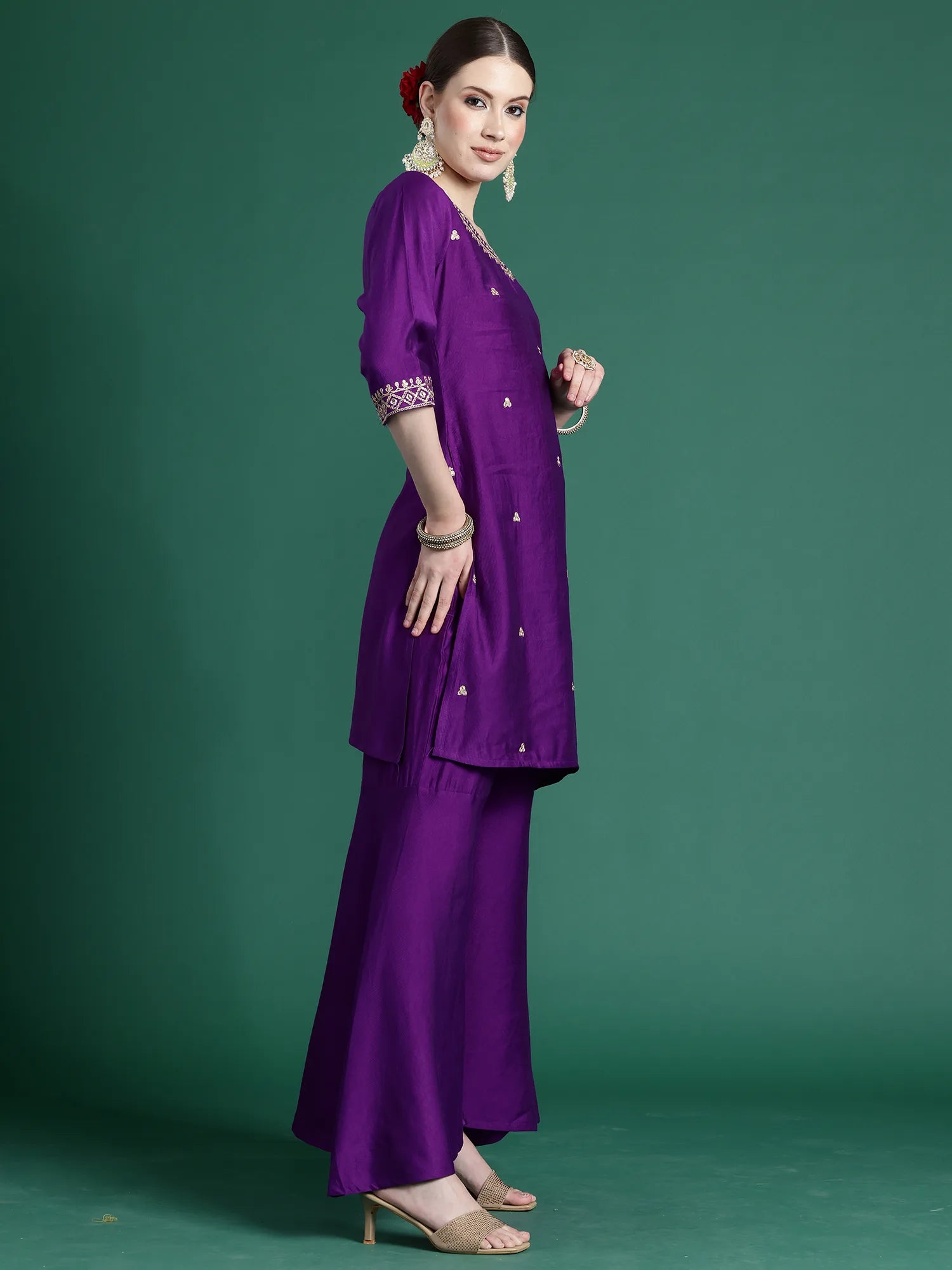 Purple Embroidered Straight Kurta Sharara With Dupatta set