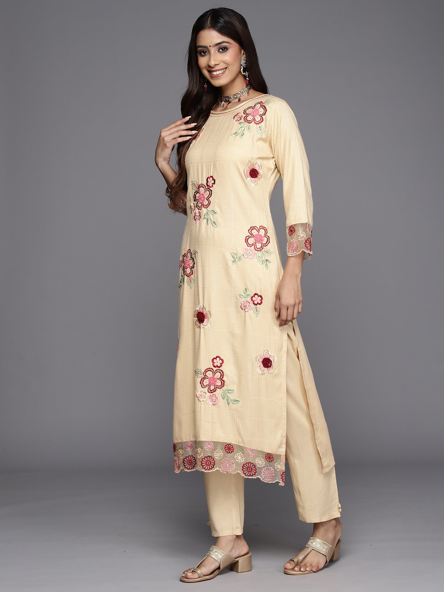 Indo Era Beige Embroidered Straight Kurta Trousers With Dupatta Set