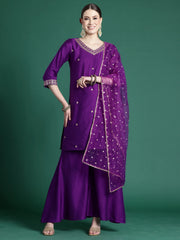 Purple Embroidered Straight Kurta Sharara With Dupatta set