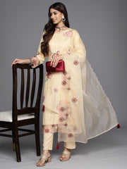 Indo Era Beige Embroidered Straight Kurta Trousers With Dupatta Set