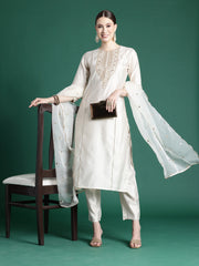 Off White Embroidered Straight Kurta Trousers With Dupatta set