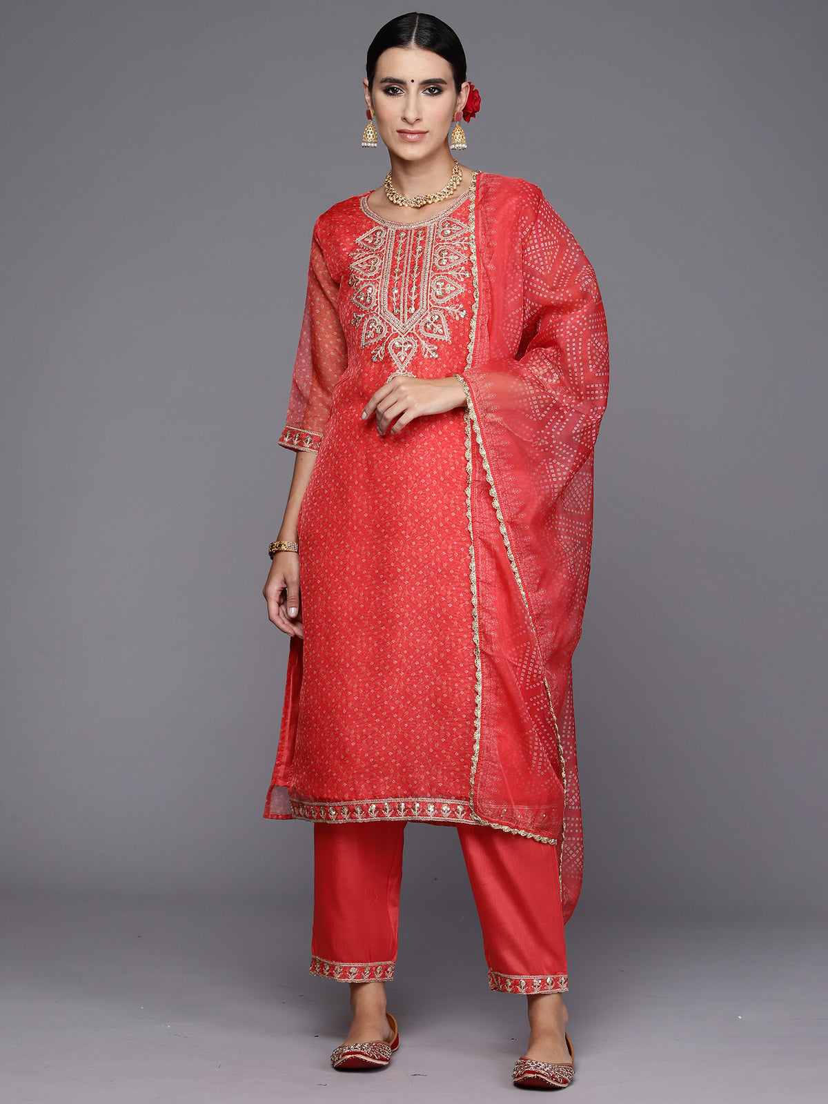 Indo Era Rust Embroidered Straight Kurta Trousers With Dupatta Set