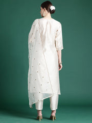 Off White Embroidered Straight Kurta Trousers With Dupatta set