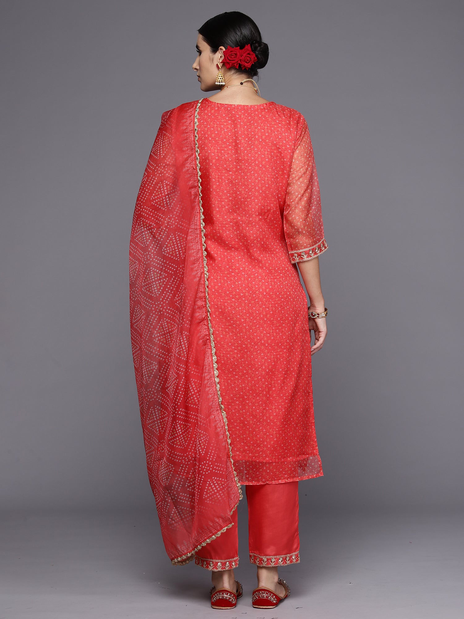 Indo Era Rust Embroidered Straight Kurta Trousers With Dupatta Set