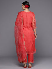 Indo Era Rust Embroidered Straight Kurta Trousers With Dupatta Set