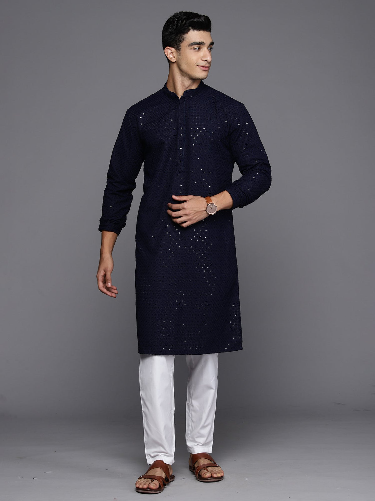 Men Navy Blue Floral Cotton Embroidered Straight Kurtas