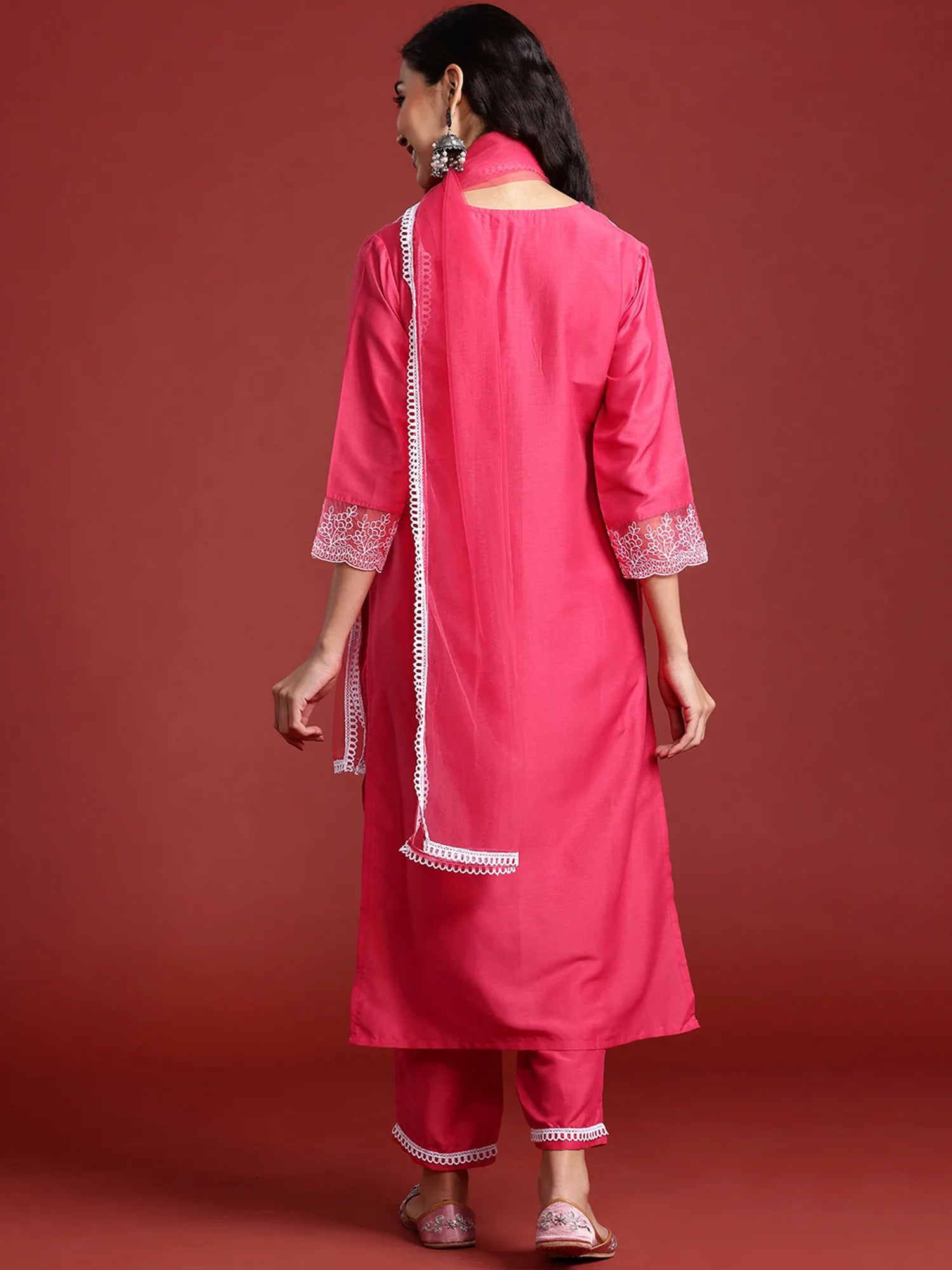 Pink Embroidered Straight Kurta Trousers With Dupatta set