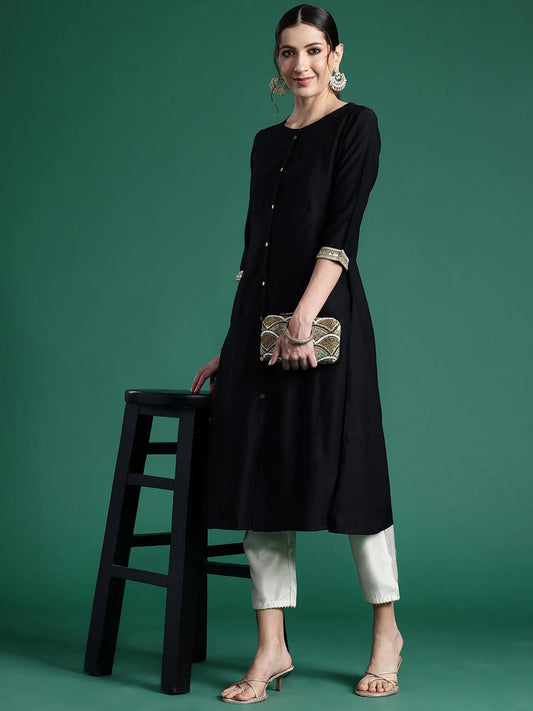 Black Embroidered A-Line Kurtas