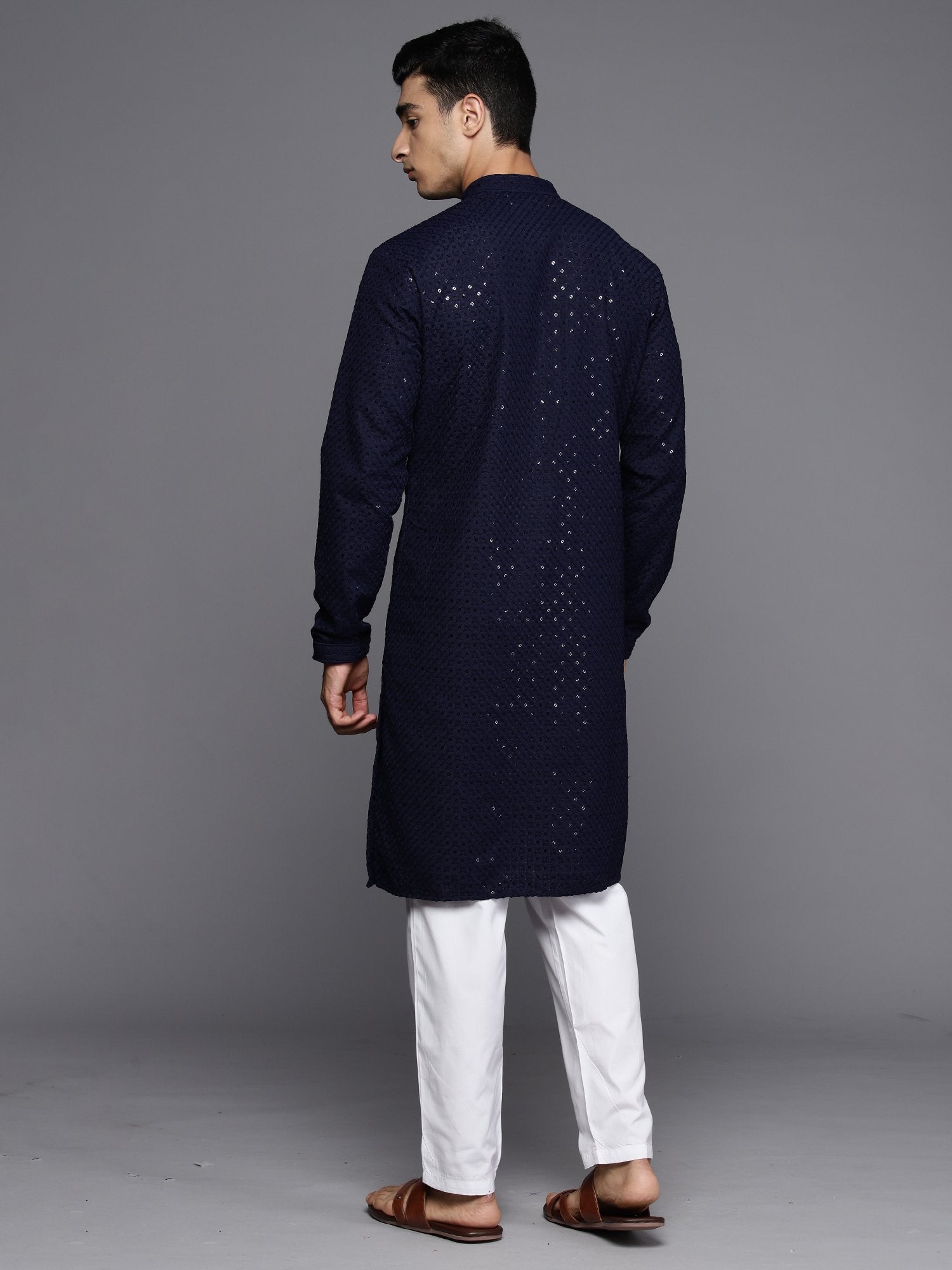 Men Navy Blue Floral Cotton Embroidered Straight Kurtas