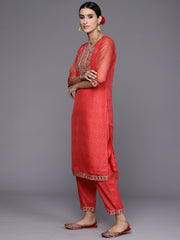 Indo Era Rust Embroidered Straight Kurta Trousers With Dupatta Set