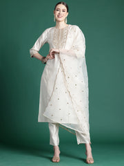 Off White Embroidered Straight Kurta Trousers With Dupatta set