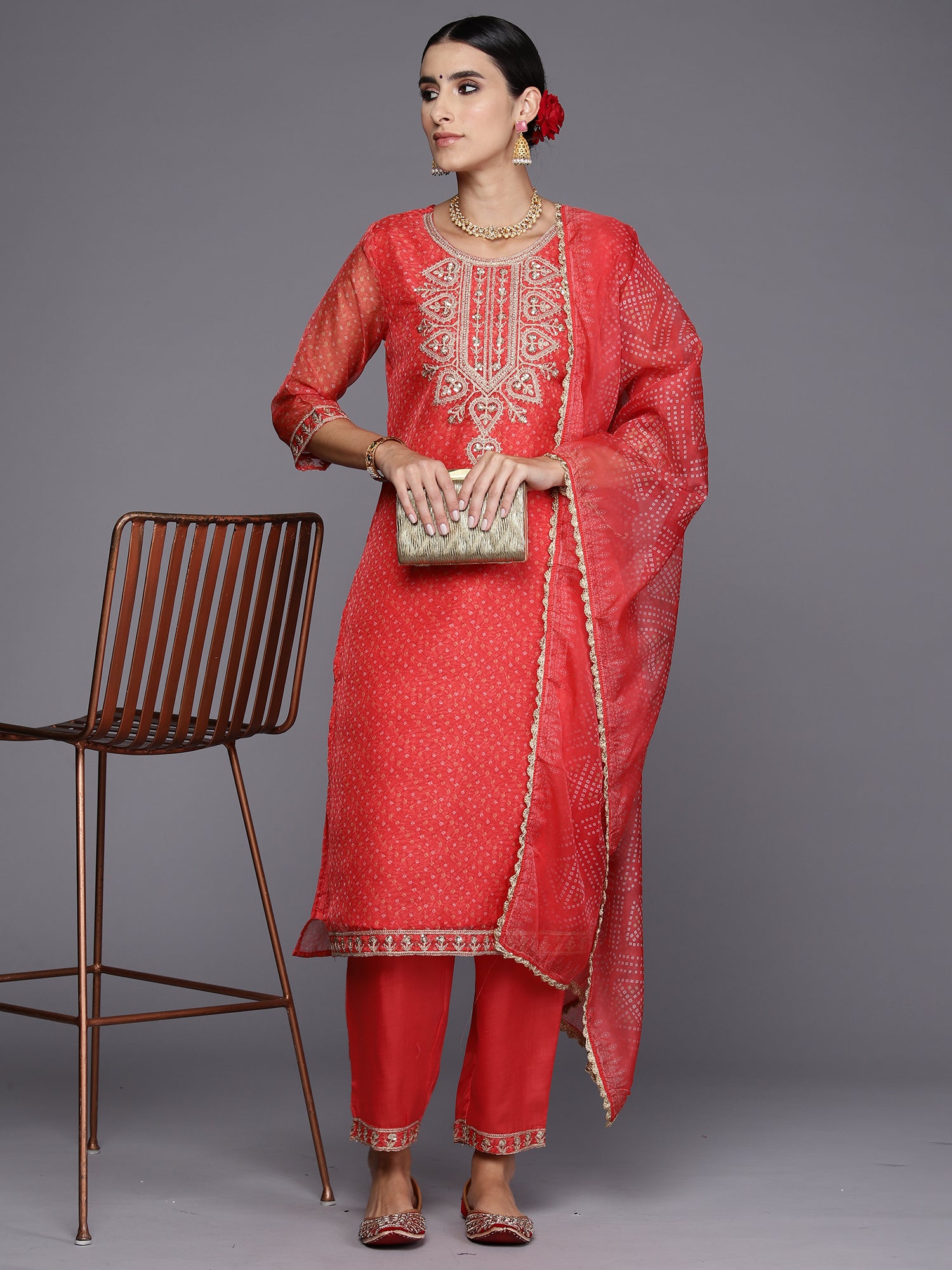 Indo Era Rust Embroidered Straight Kurta Trousers With Dupatta Set