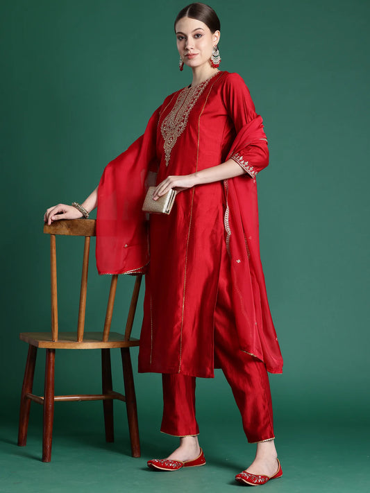 Red Embroidered Straight Kurta Trousers With Dupatta Set