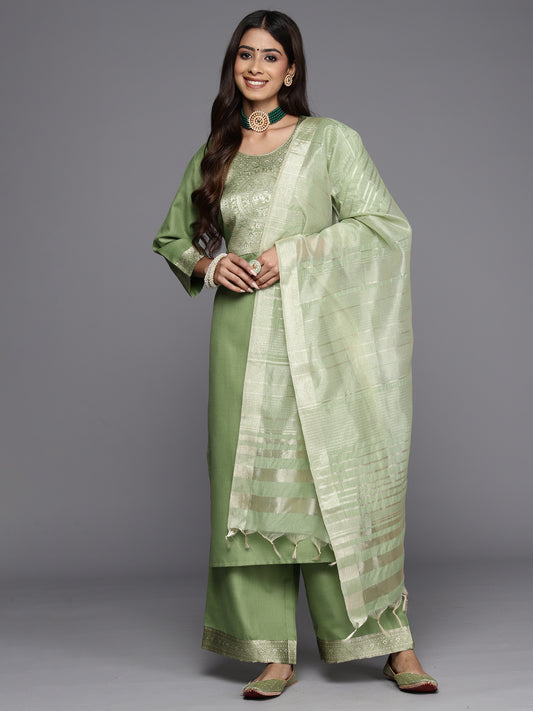 Indo Era Sea Green Yoke Design Straight Kurta Palazzos With Dupatta Set