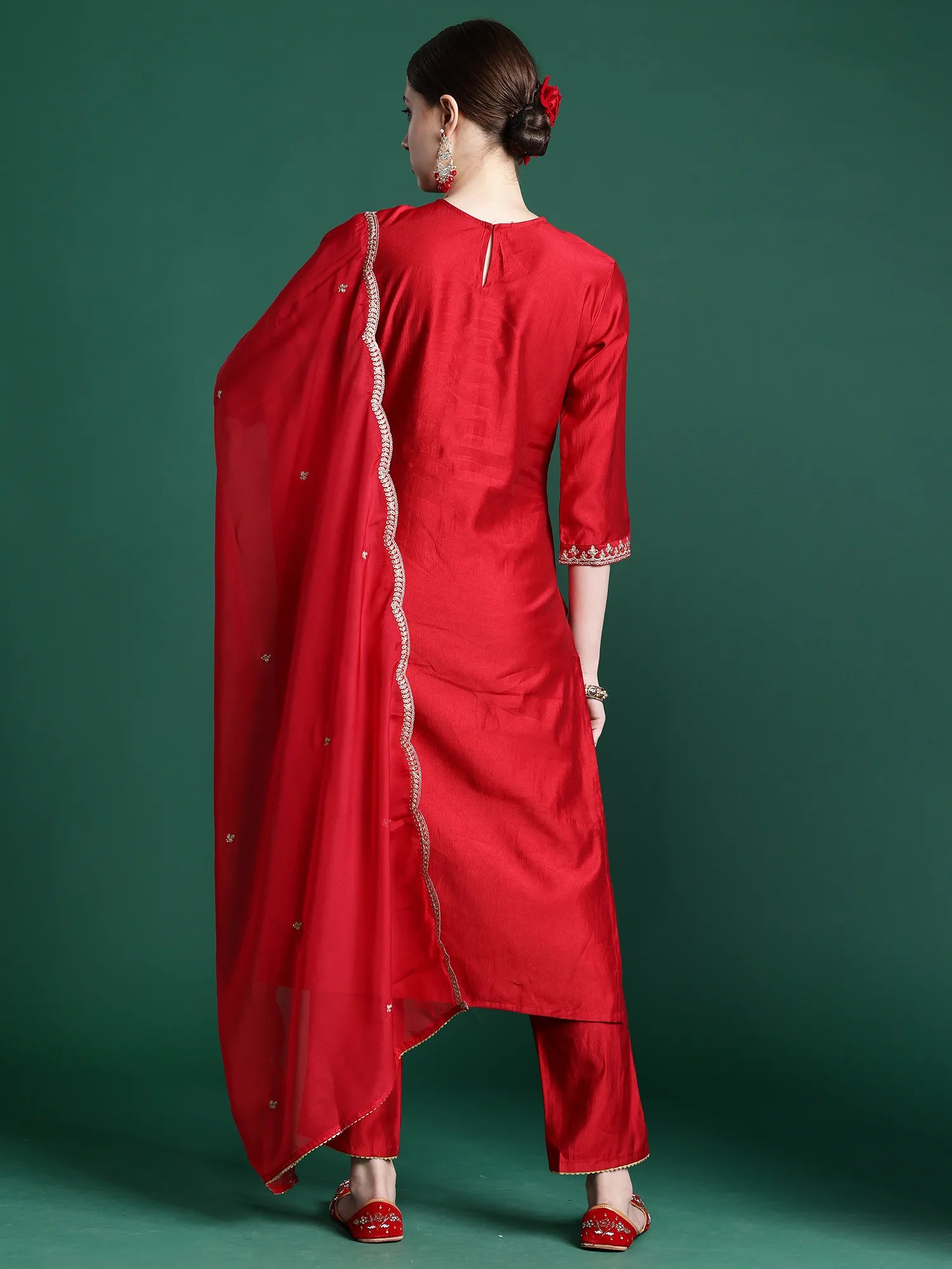 Red Embroidered Straight Kurta Trousers With Dupatta Set