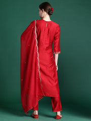 Red Embroidered Straight Kurta Trousers With Dupatta Set