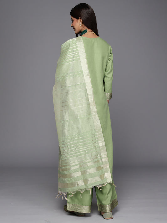 Indo Era Sea Green Yoke Design Straight Kurta Palazzos With Dupatta Set