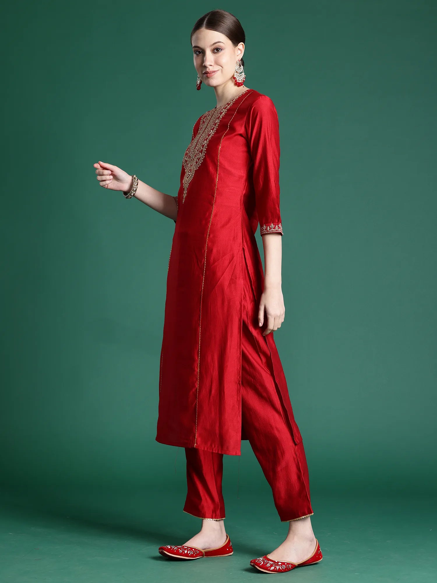 Red Embroidered Straight Kurta Trousers With Dupatta Set