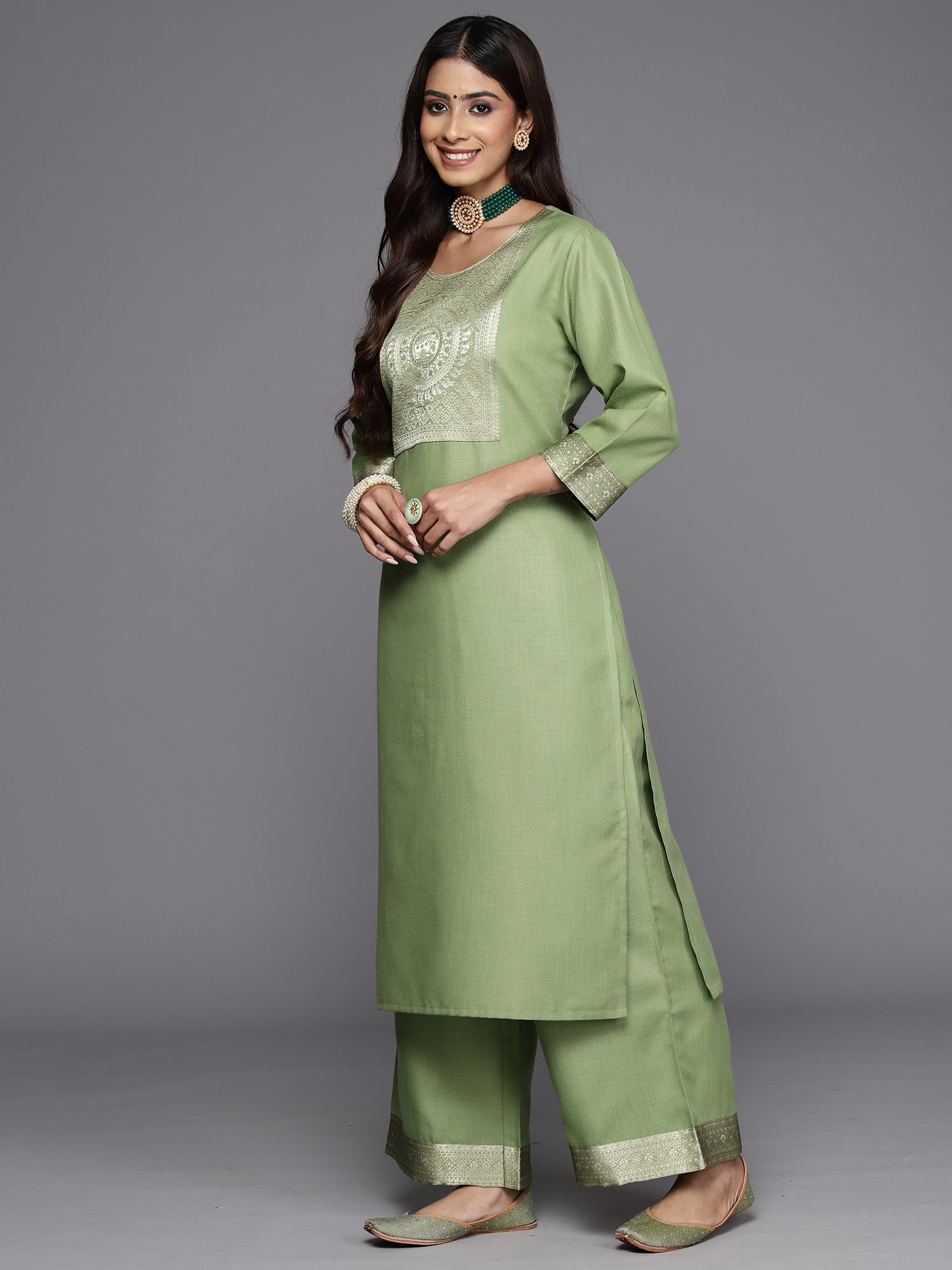 Indo Era Sea Green Yoke Design Straight Kurta Palazzos With Dupatta Set