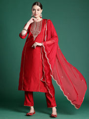 Red Embroidered Straight Kurta Trousers With Dupatta Set