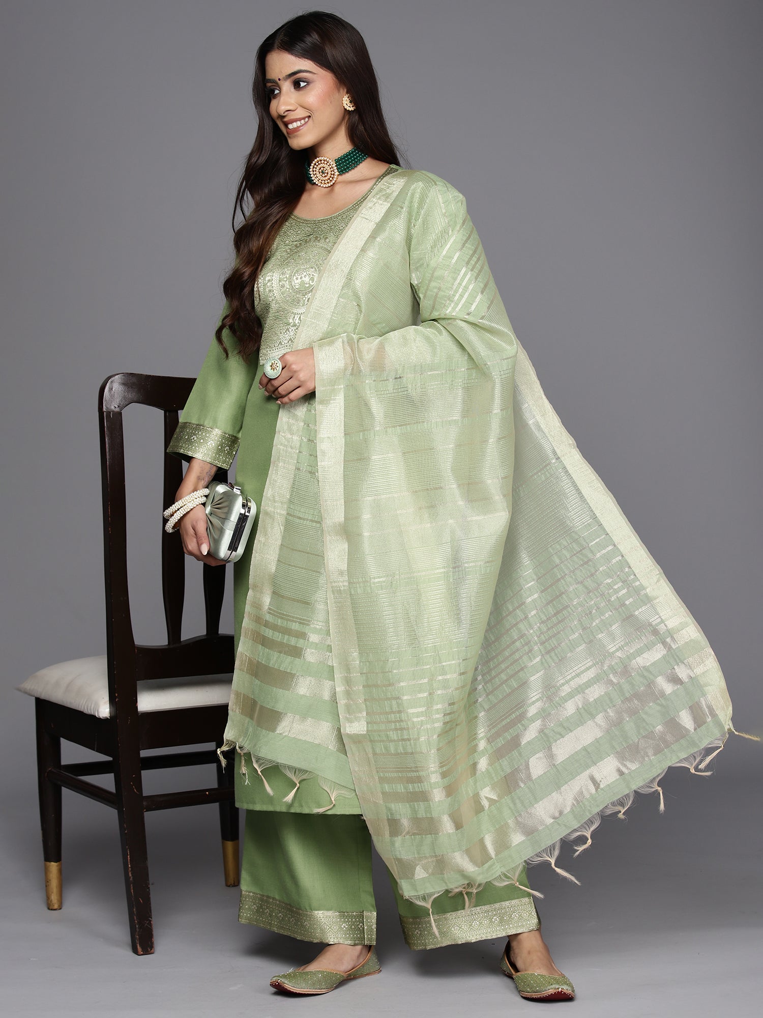 Indo Era Sea Green Yoke Design Straight Kurta Palazzos With Dupatta Set