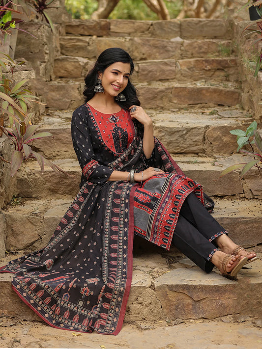 Black Printed Straight Kurta Trousers With Dupatta set