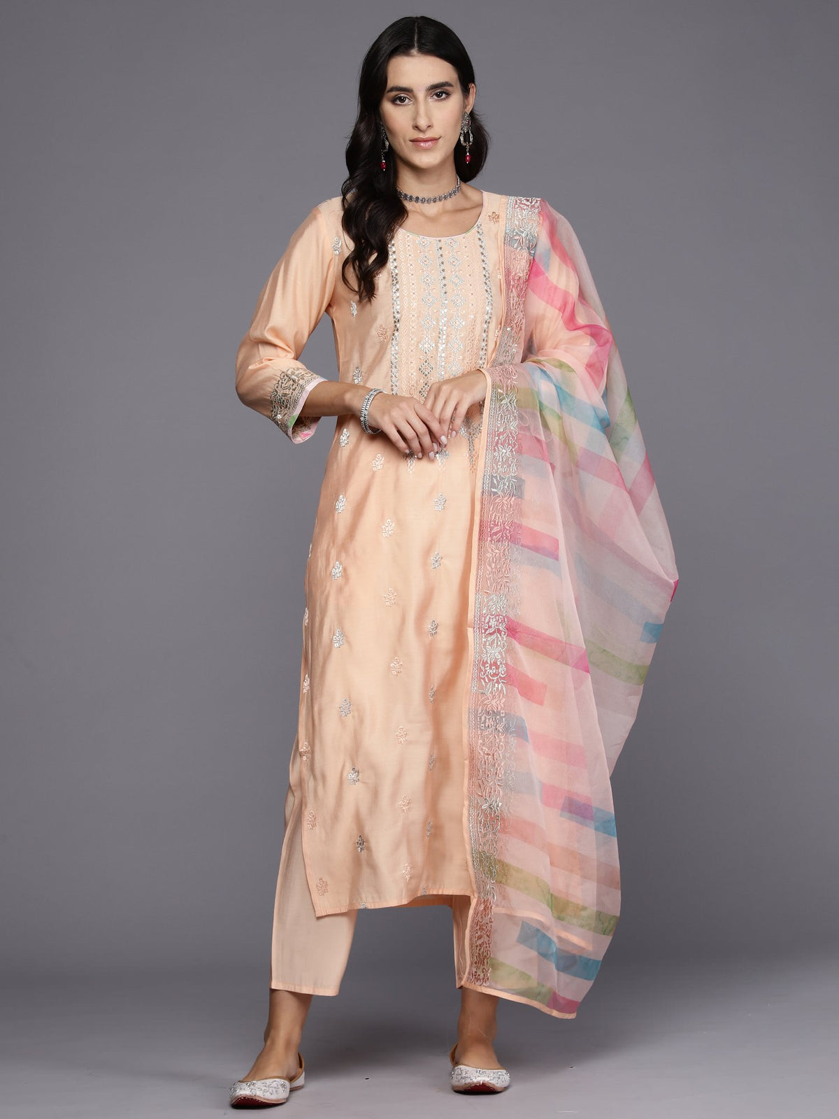 Indo Era Peach Embroidered Straight Kurta Trousers With Dupatta Set