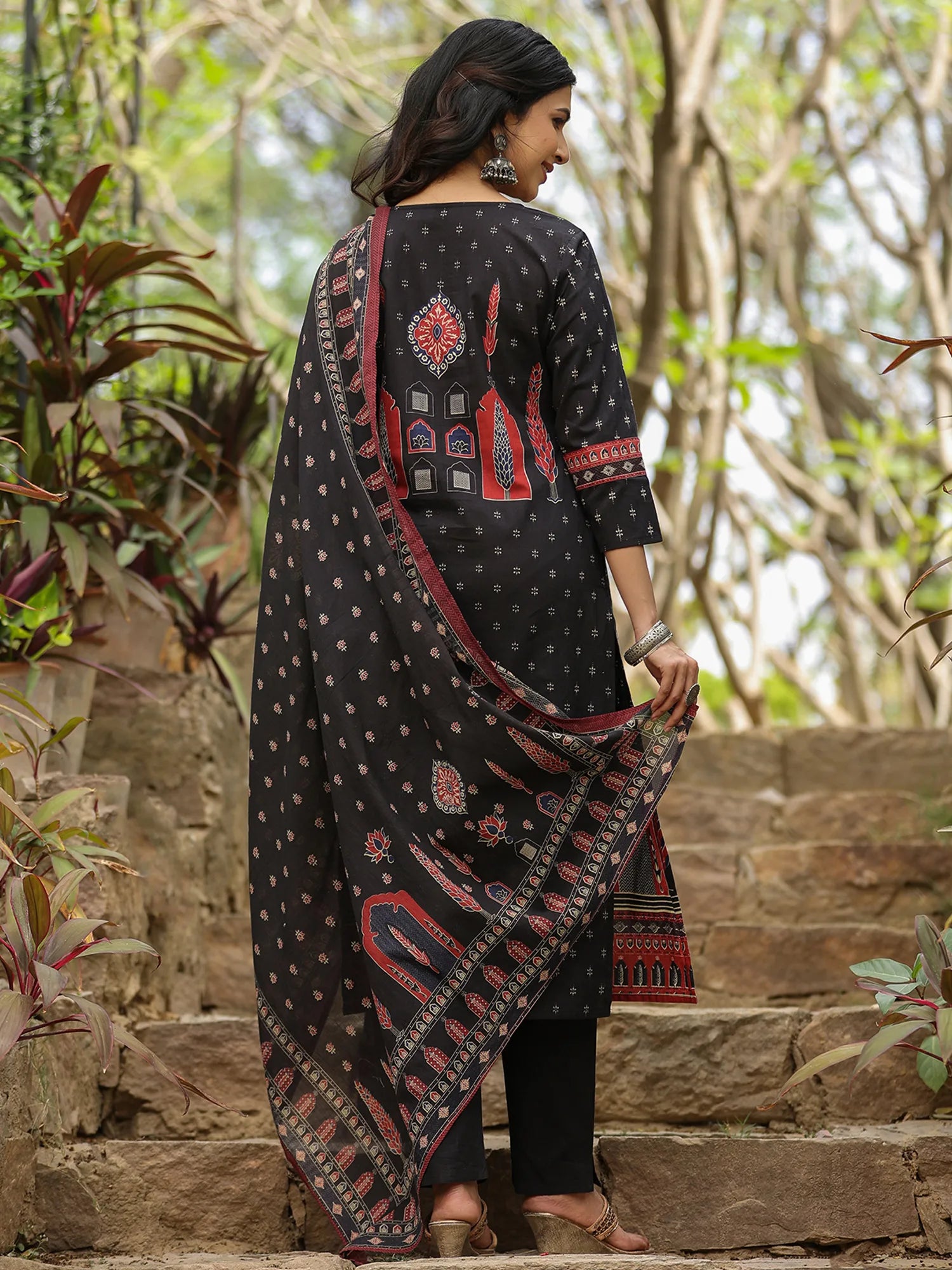 Black Printed Straight Kurta Trousers With Dupatta set