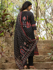 Black Printed Straight Kurta Trousers With Dupatta set