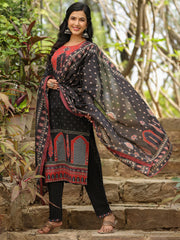 Black Printed Straight Kurta Trousers With Dupatta set