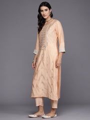 Indo Era Peach Embroidered Straight Kurta Trousers With Dupatta Set