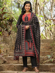 Black Printed Straight Kurta Trousers With Dupatta set