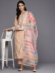 Indo Era Peach Embroidered Straight Kurta Trousers With Dupatta Set