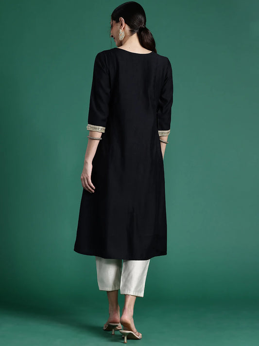 Black Embroidered A-Line Kurtas