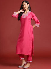 Pink Embroidered Straight Kurta Trousers With Dupatta set