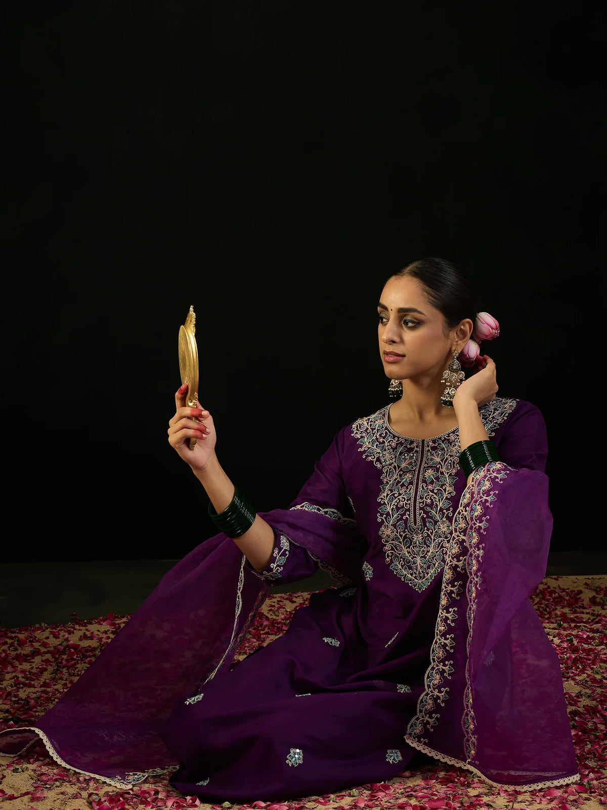 Purple Embroidered Straight Kurta Trousers With Dupatta set