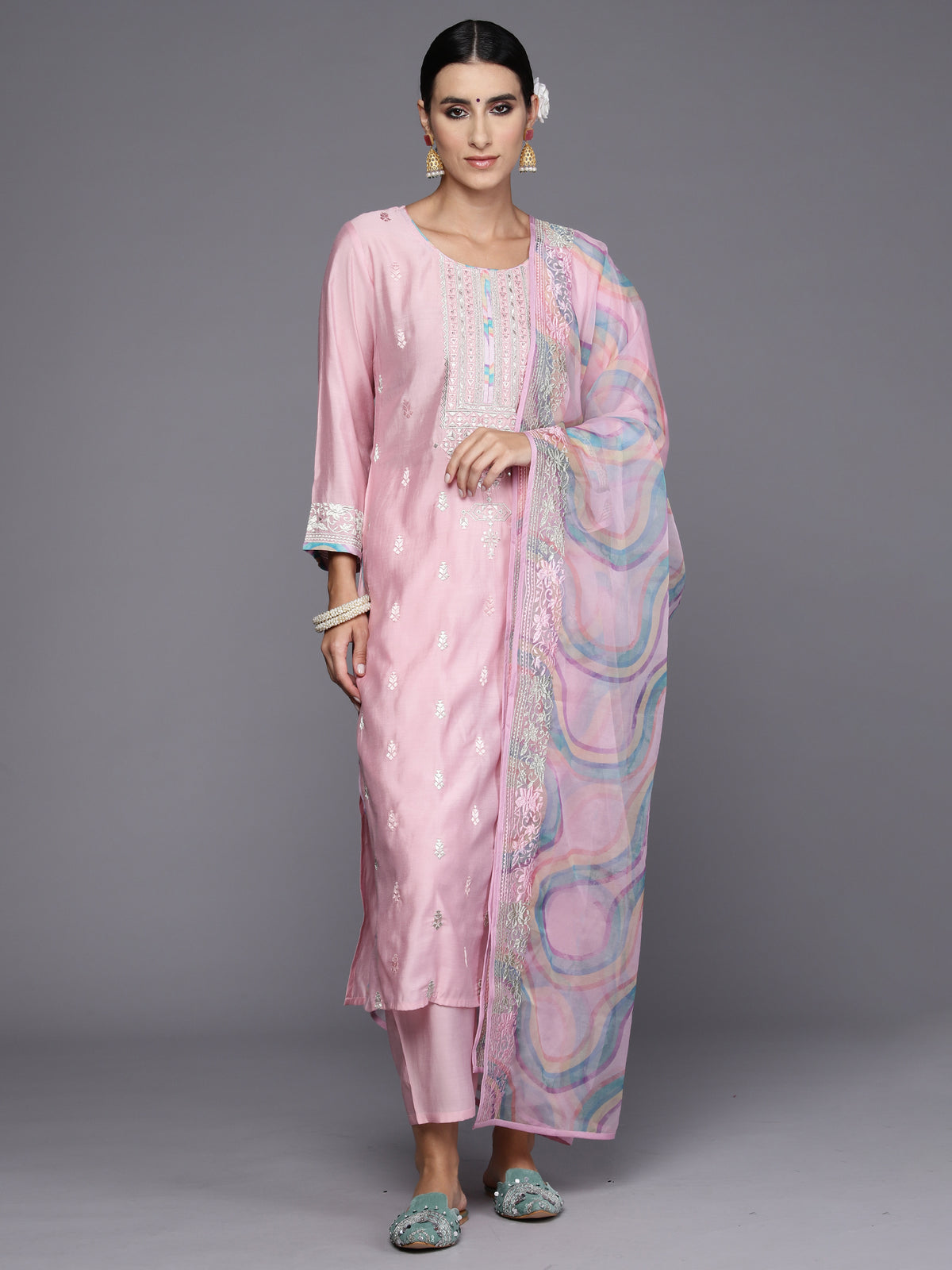 Indo Era Pink Embroidered Straight Kurta Trousers With Dupatta Set