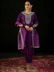 Purple Embroidered Straight Kurta Trousers With Dupatta set