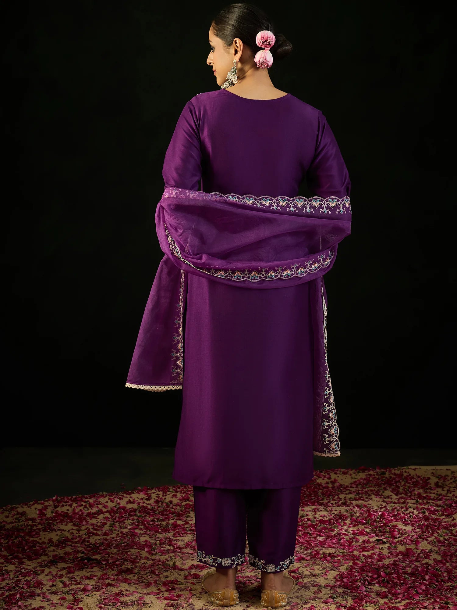 Purple Embroidered Straight Kurta Trousers With Dupatta set