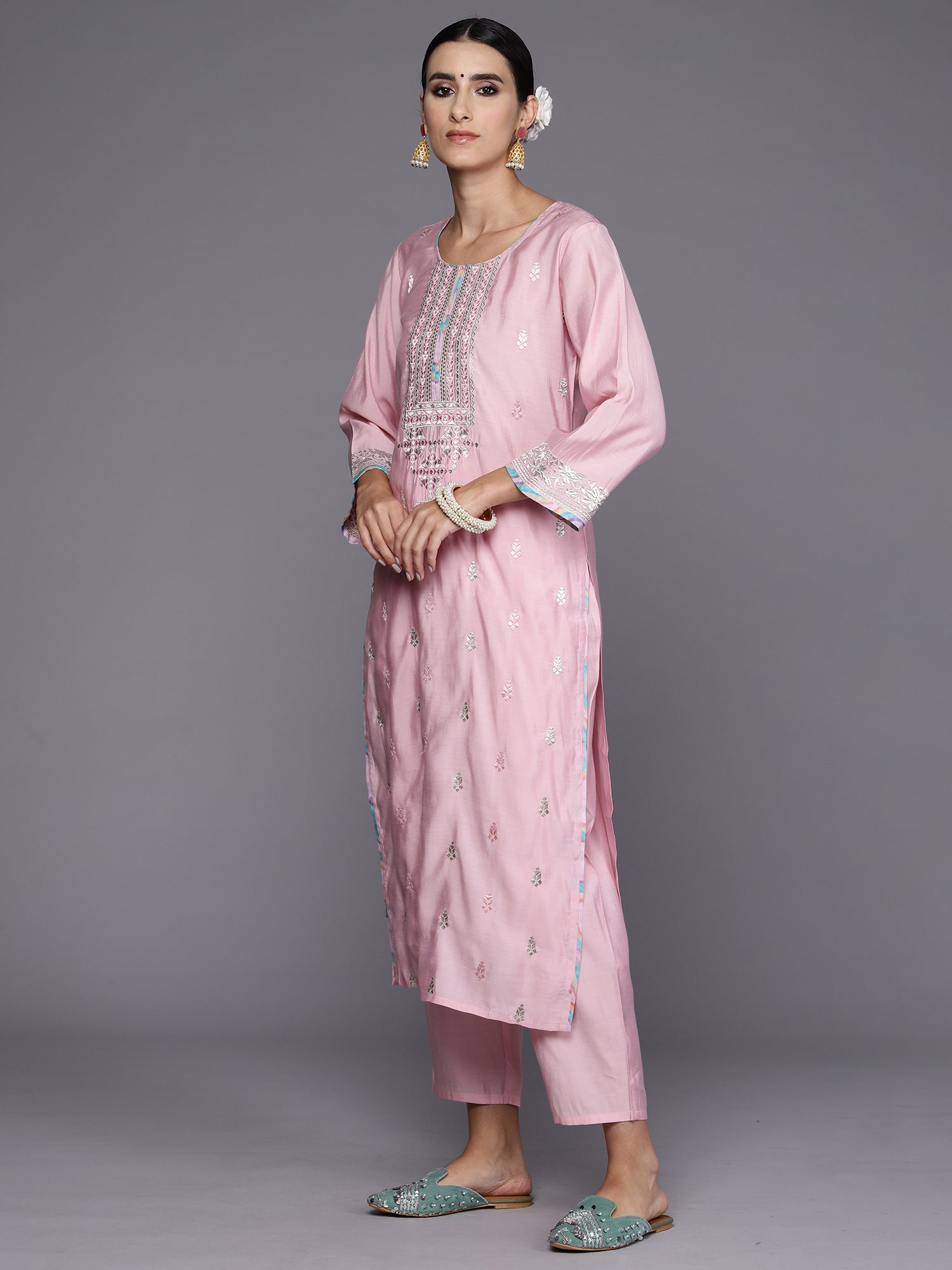 Indo Era Pink Embroidered Straight Kurta Trousers With Dupatta Set