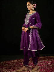 Purple Embroidered Straight Kurta Trousers With Dupatta set