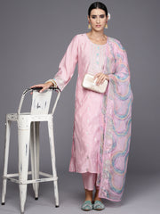 Indo Era Pink Embroidered Straight Kurta Trousers With Dupatta Set