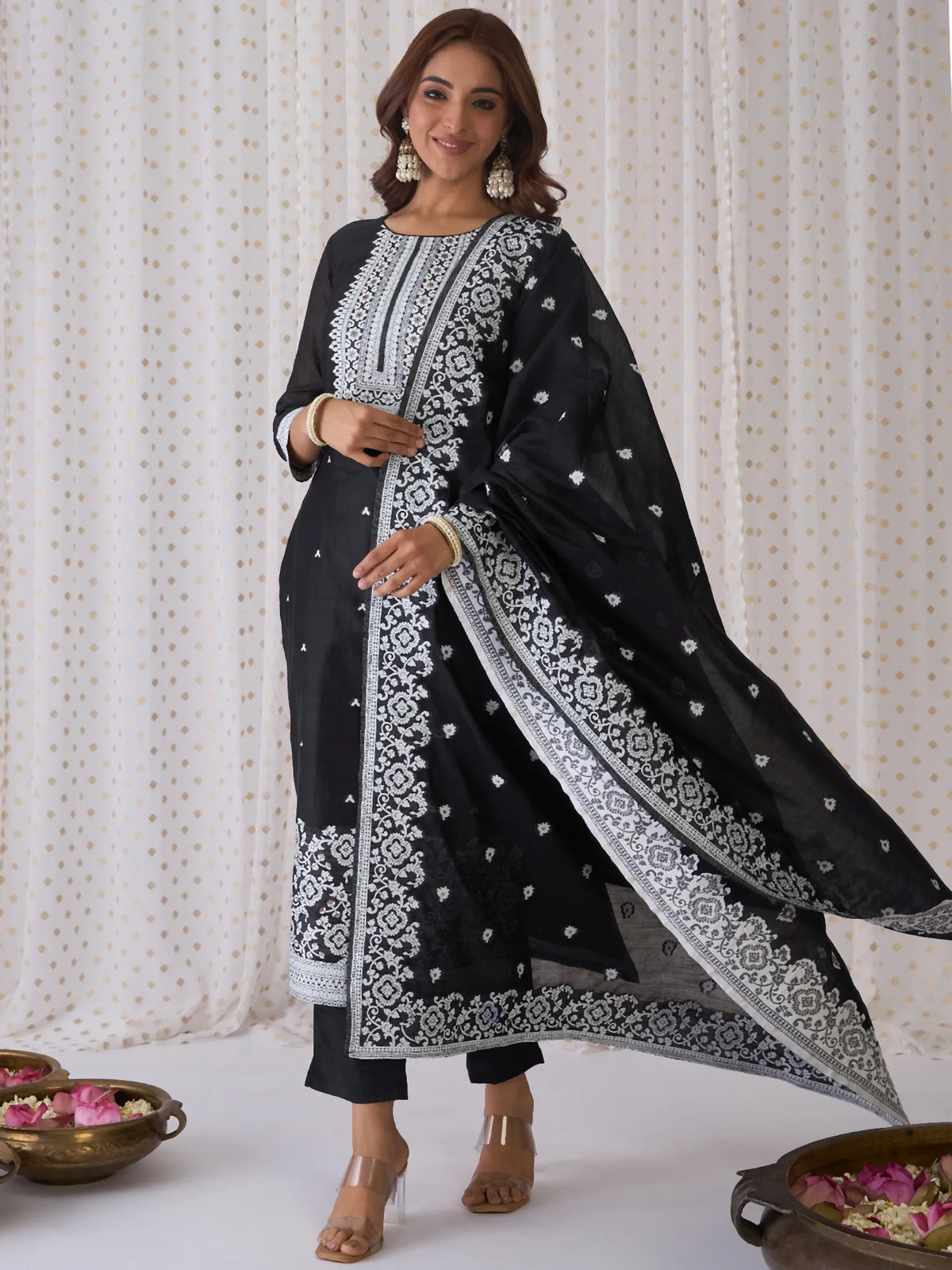 Black Woven Design Straight Kurta Trousers With Dupatta set